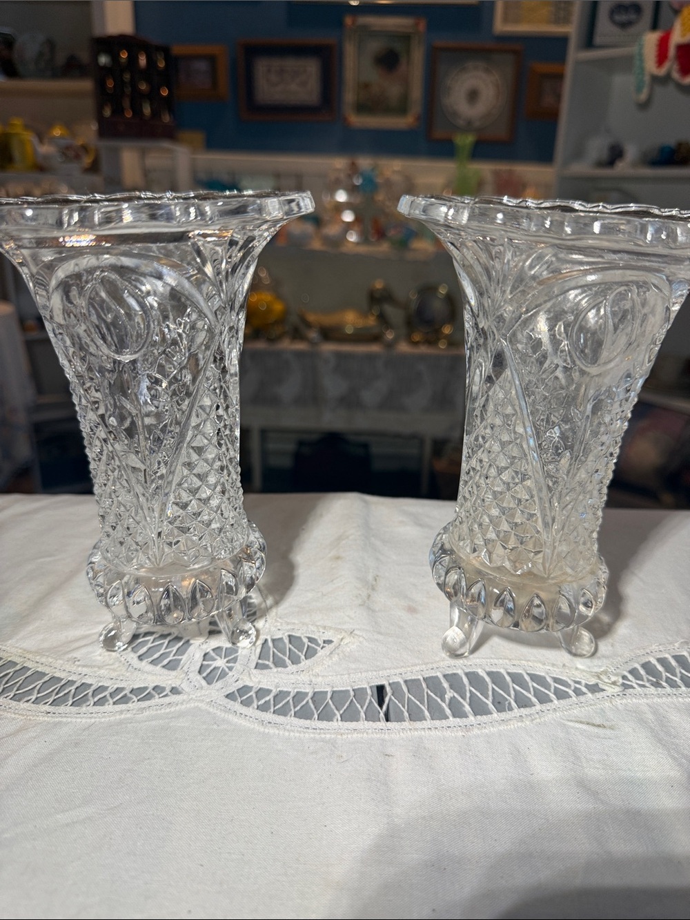 Pair of Clear crystal tulip Glass Footed Vases - Decorative Tabletop Accent